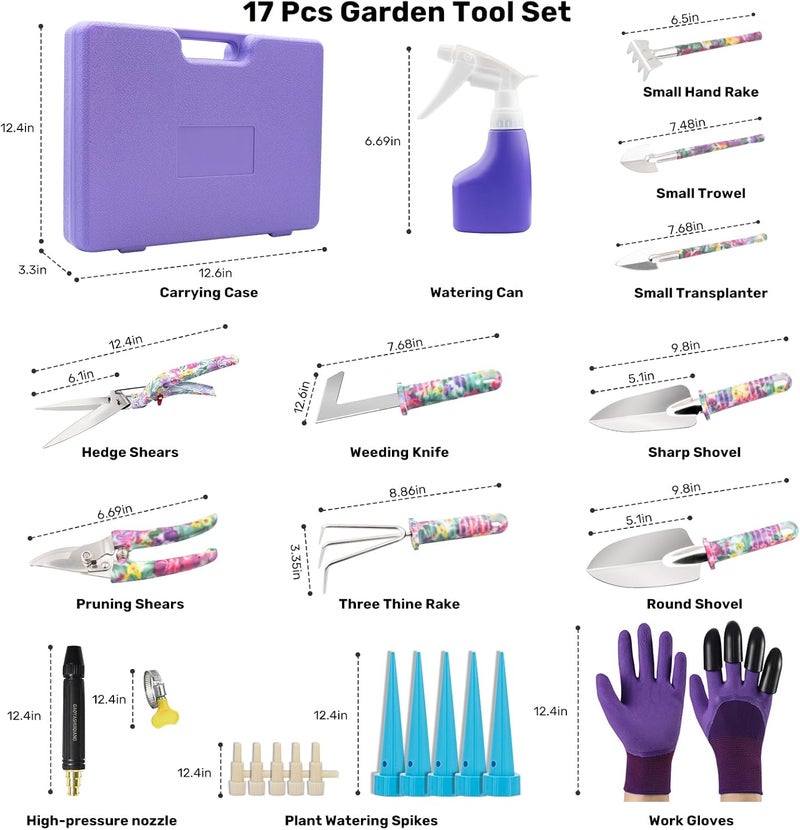 NTOEJA Garden Tool Set, 17-Piece Garden Tools with Floral Print, 304 Stainless Steel Garden Tools Set, Gardening Kit Gardening Gifts for Women, Purple - Image 2